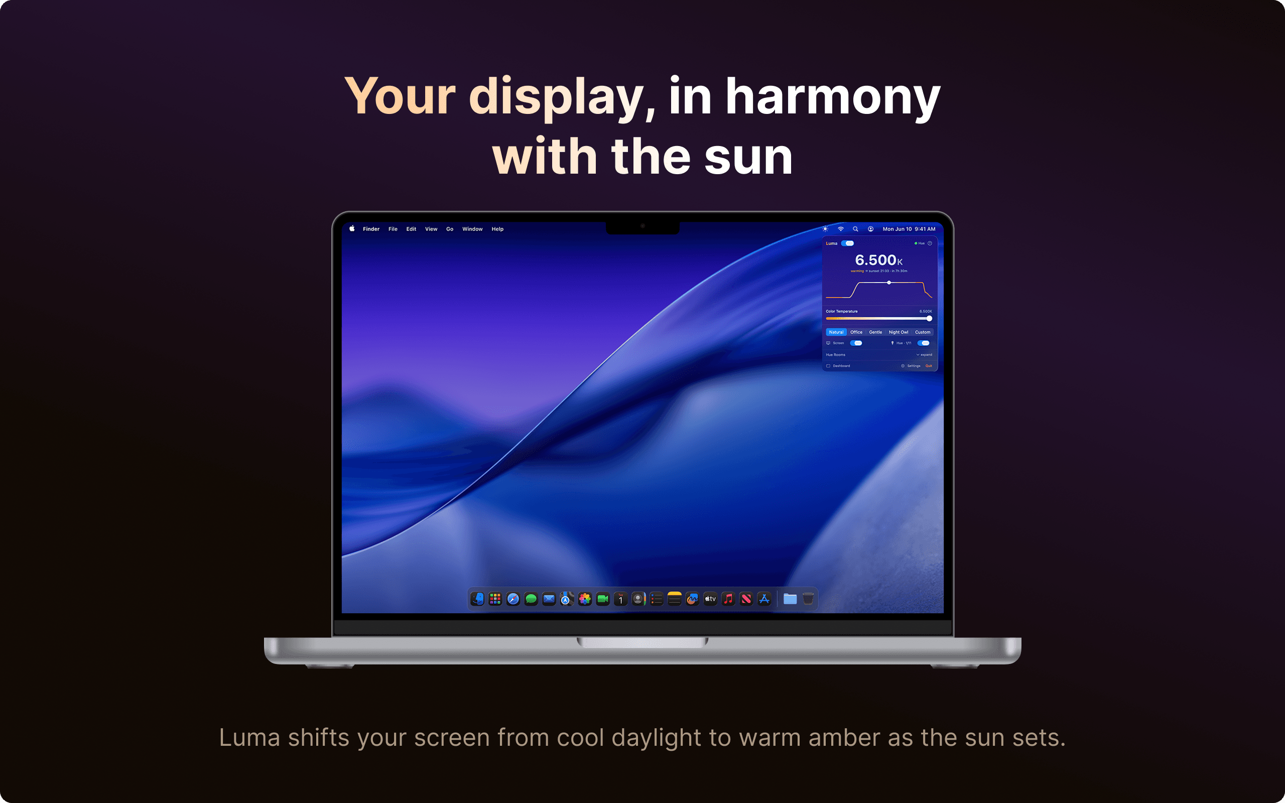 Luma main window showing Philips Hue lights synced with display colour temperature